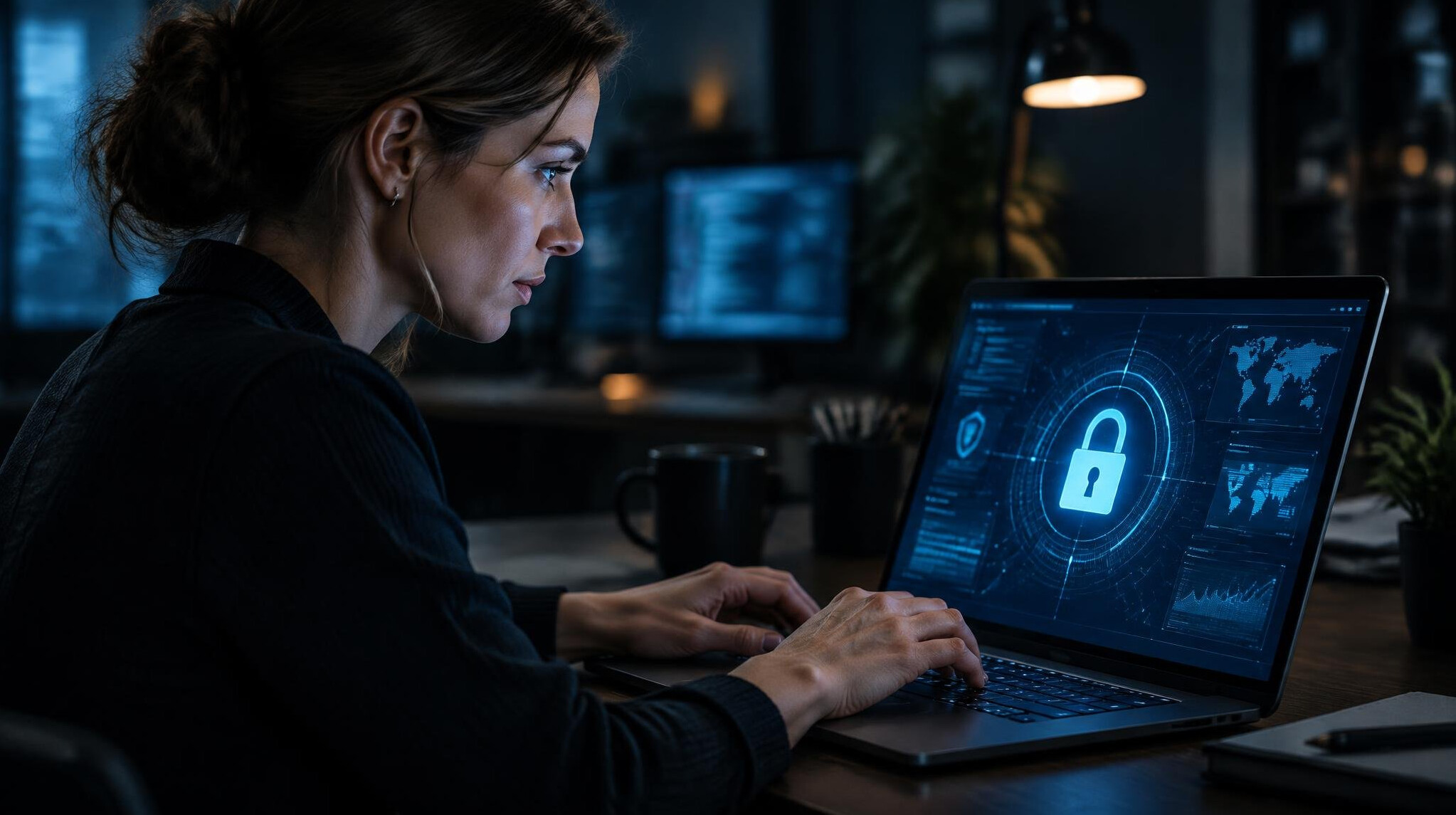 Person typing on a laptop with a digital padlock security icon overlay on screen