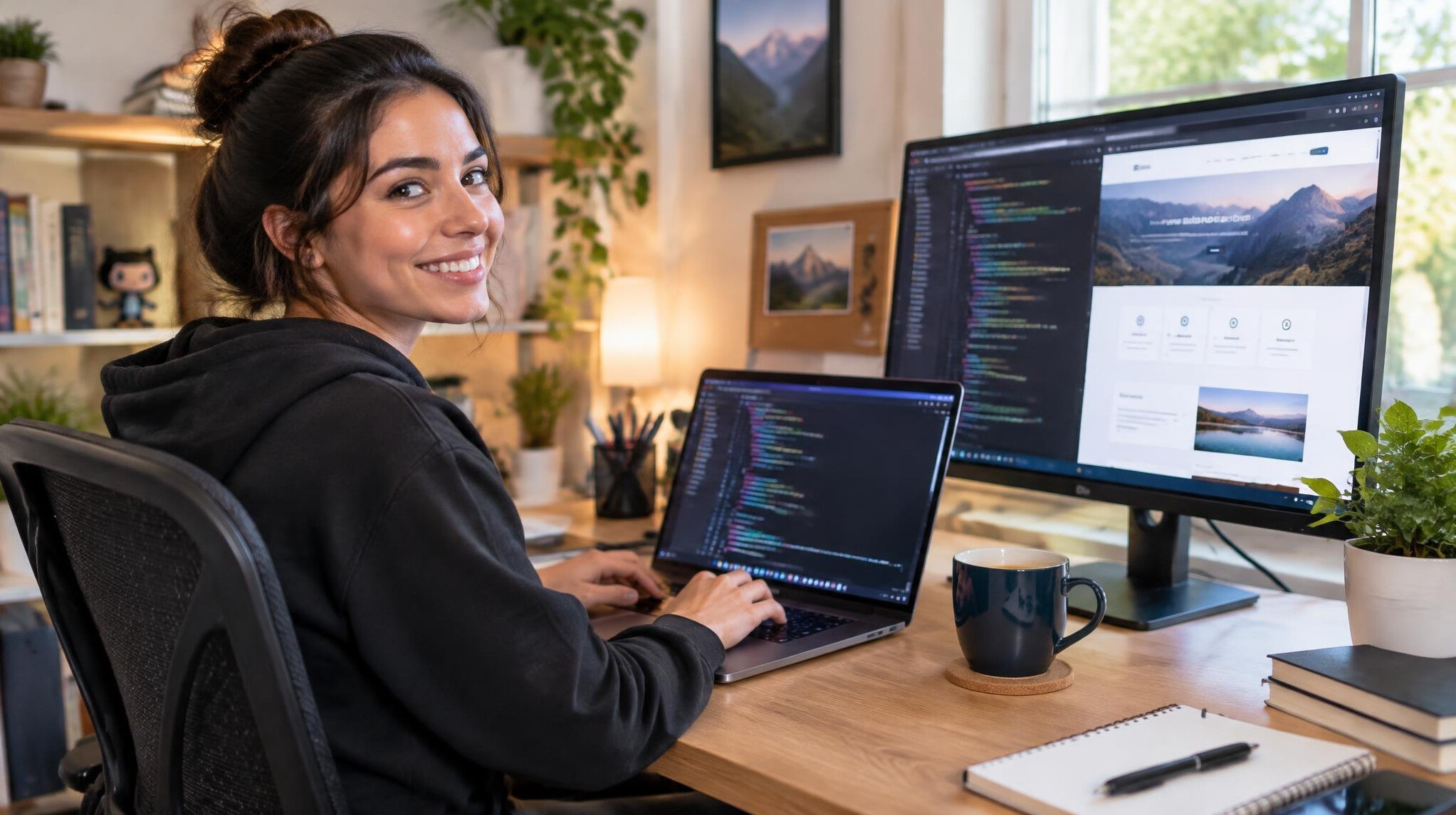woman coding at home desk