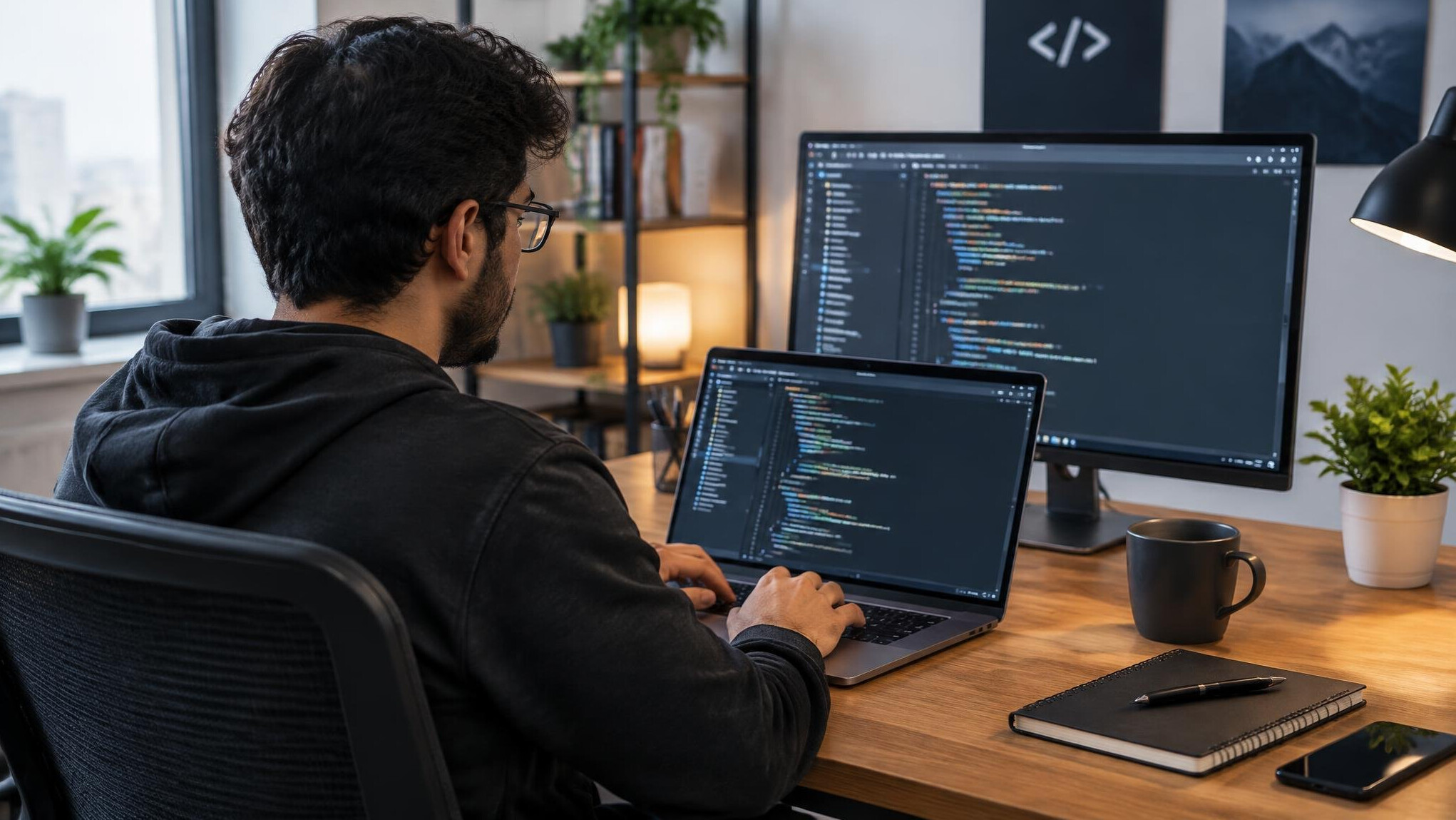 person coding on laptop