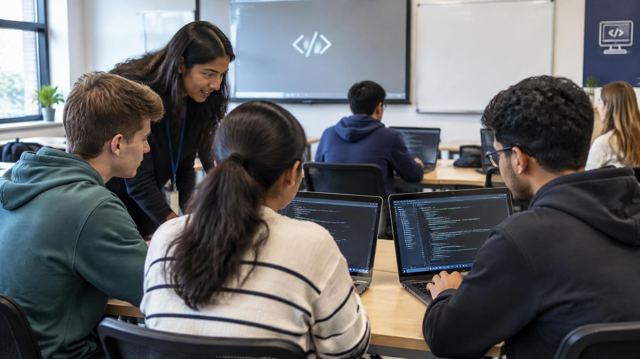 students learning programming in classroom