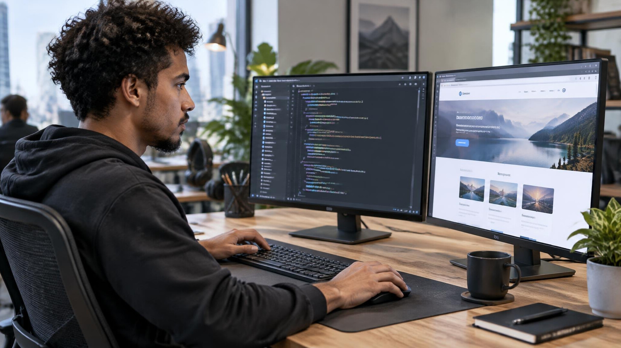 Person coding on a dual monitor setup with a website layout on screen