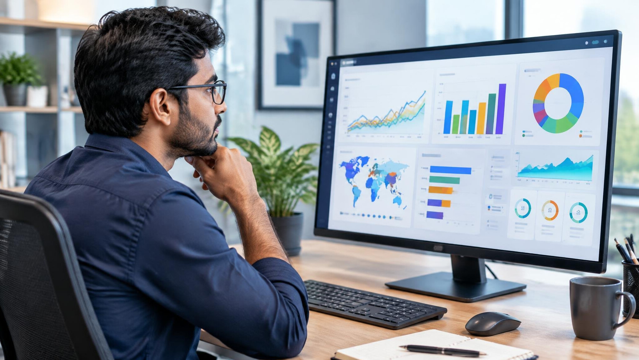 Analyst looking at colorful data charts and graphs on a computer screen