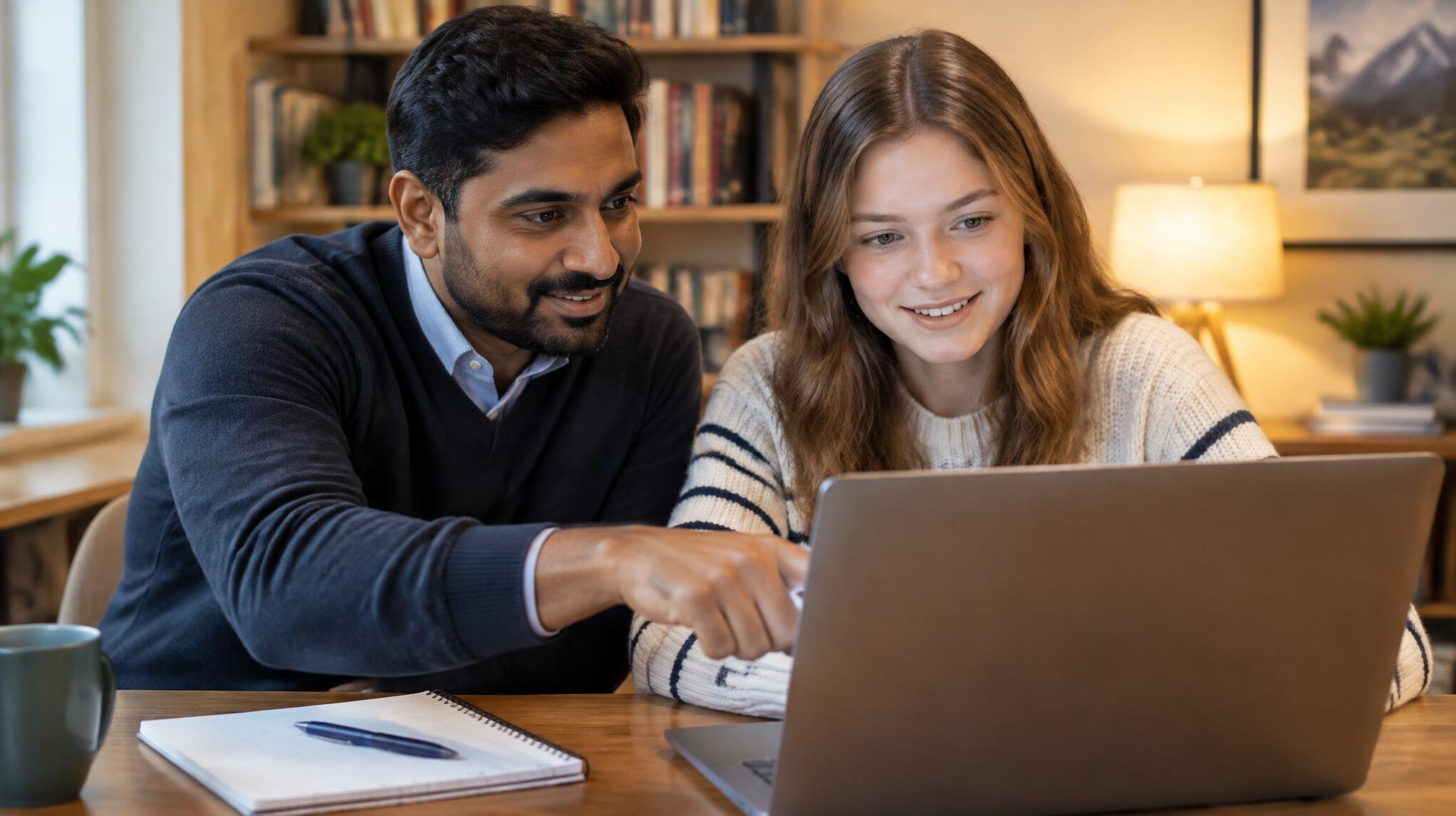 Mentor sitting beside a younger student explaining something on a laptop screen