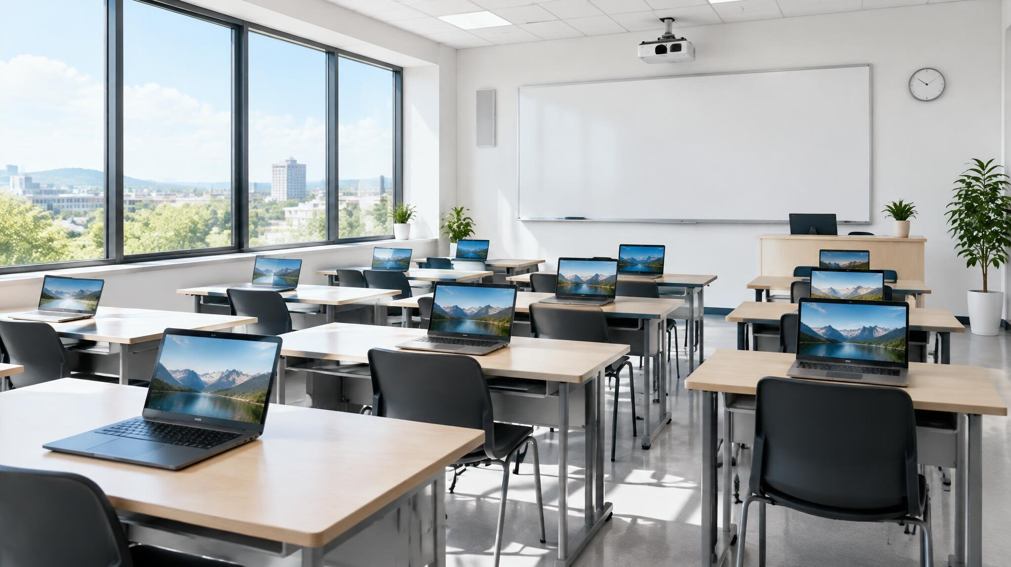 Modern empty classroom with rows of laptops on desks and large windows