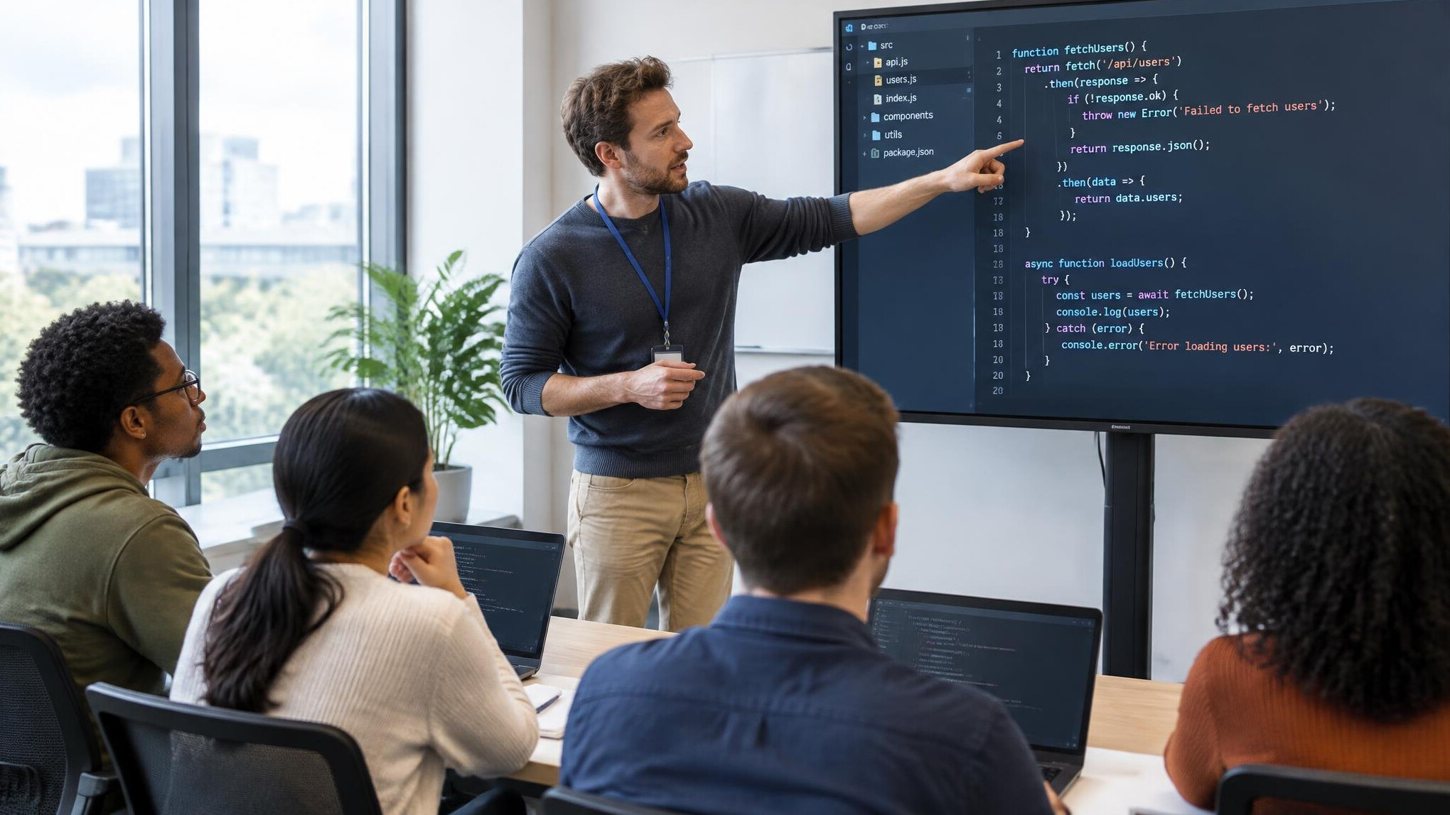 Instructor explaining code on a large screen to a small group of seated students