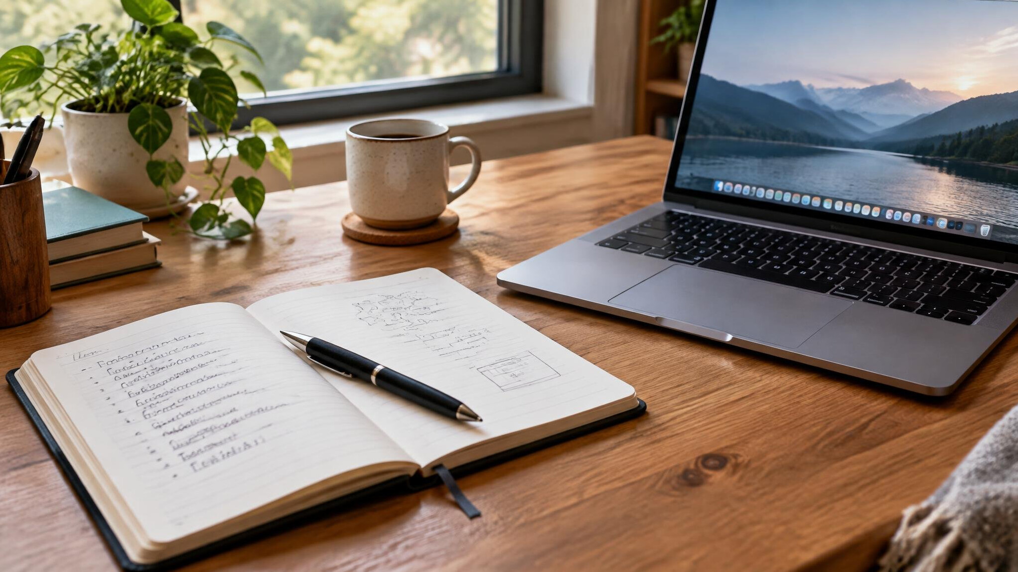Open notebook with a pen next to a laptop on a wooden desk