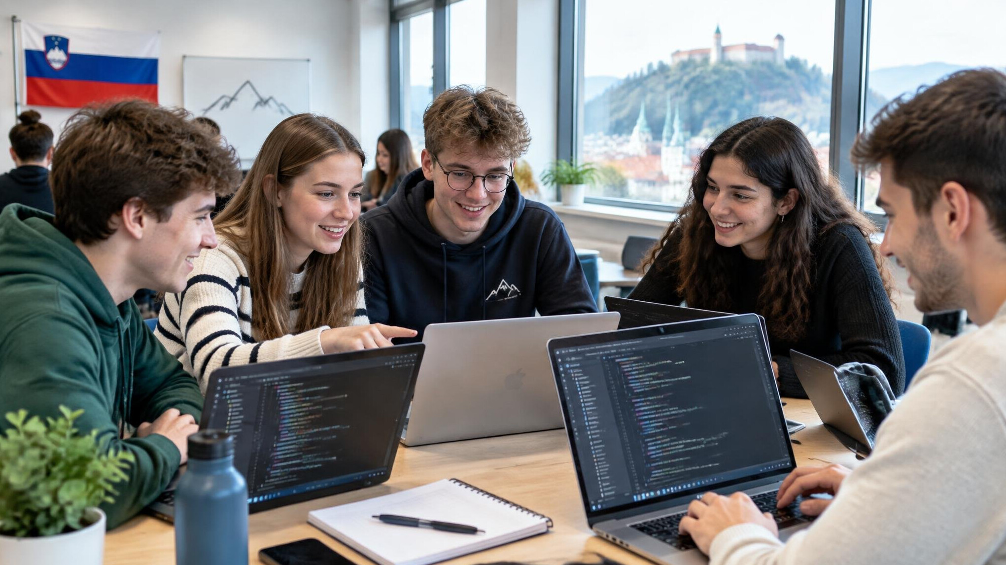 Group of diverse young people learning to code together on laptops in a bright classroom